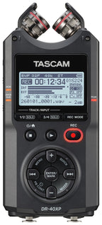 Portable recorder with two mic capsules, TASCAM screen, and round control dial, black.