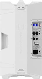 White weatherized loudspeaker rear control panel with ports, knobs, and display window.