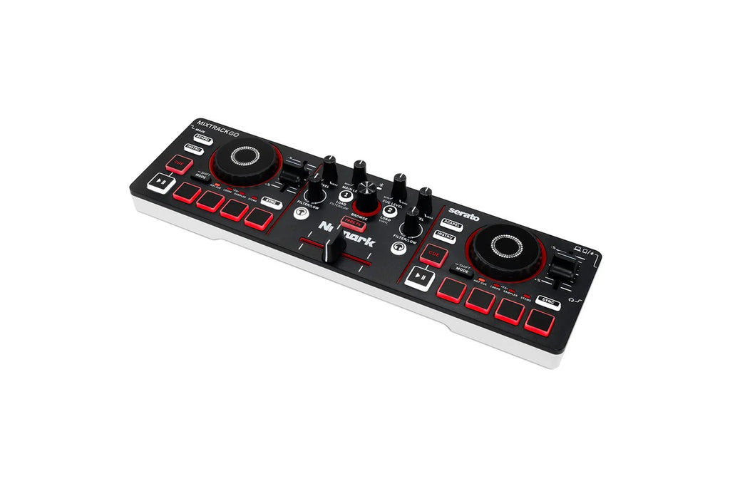 Compact DJ mixer controller angled view with two jog wheels and red buttons