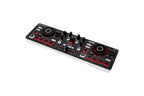 Compact DJ mixer controller angled view with two jog wheels and red buttons
