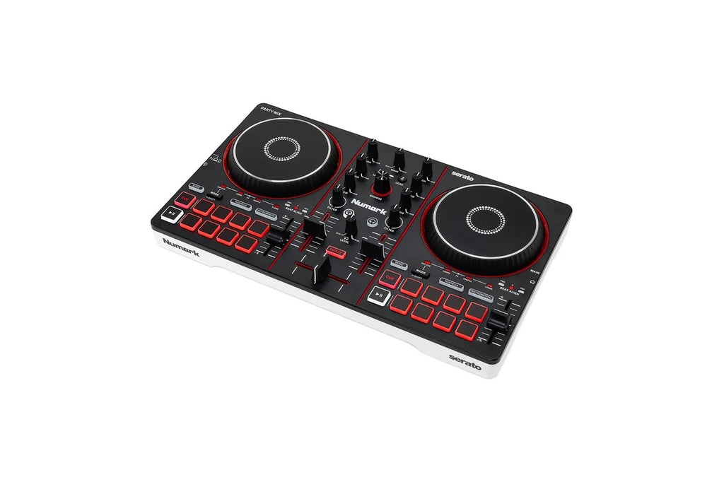 Numark DJ controller angled view with jog wheels, red pad buttons, and faders