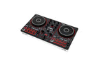 Numark DJ controller angled view with jog wheels, red pad buttons, and faders