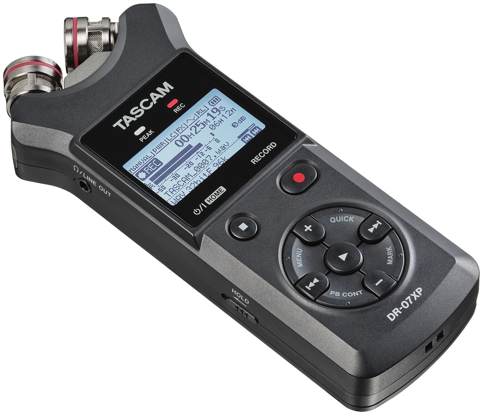 TASCAM DR-07XP handheld audio recorder with backlit screen and record button