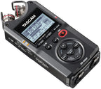Portable recorder angled view with LCD screen, button controls, and dual mic capsules, black.