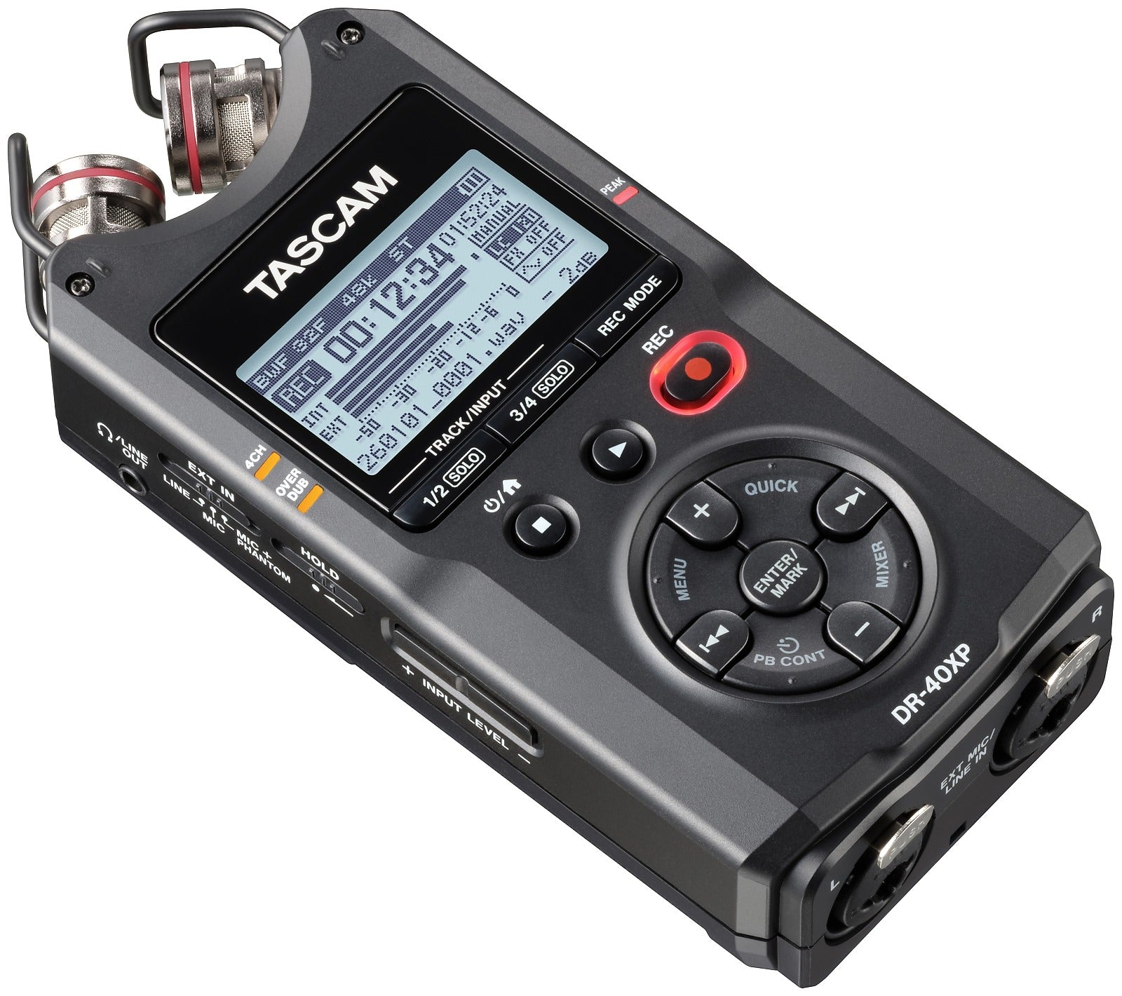 Portable recorder angled view with LCD screen, button controls, and dual mic capsules, black.