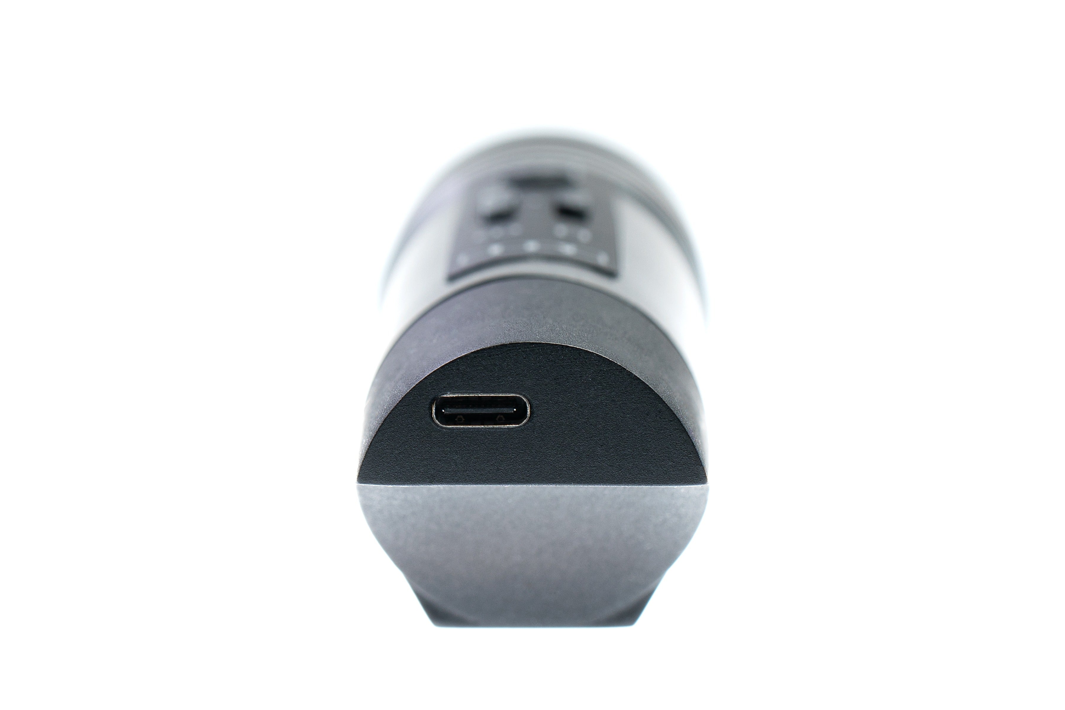 Wireless microphone body with USB-C port on front underside