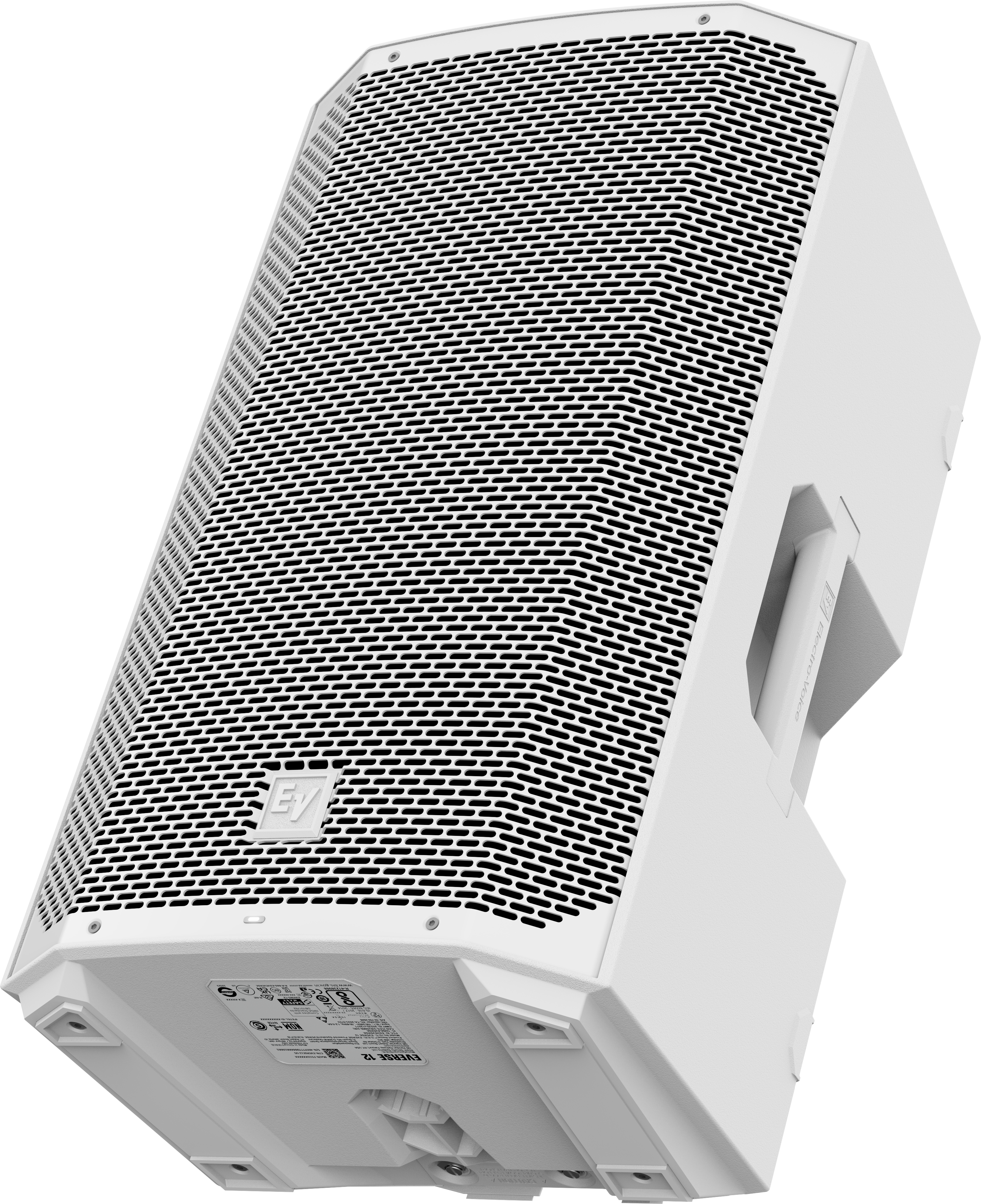 White weatherized loudspeaker angled view with front mesh grille and side panel.