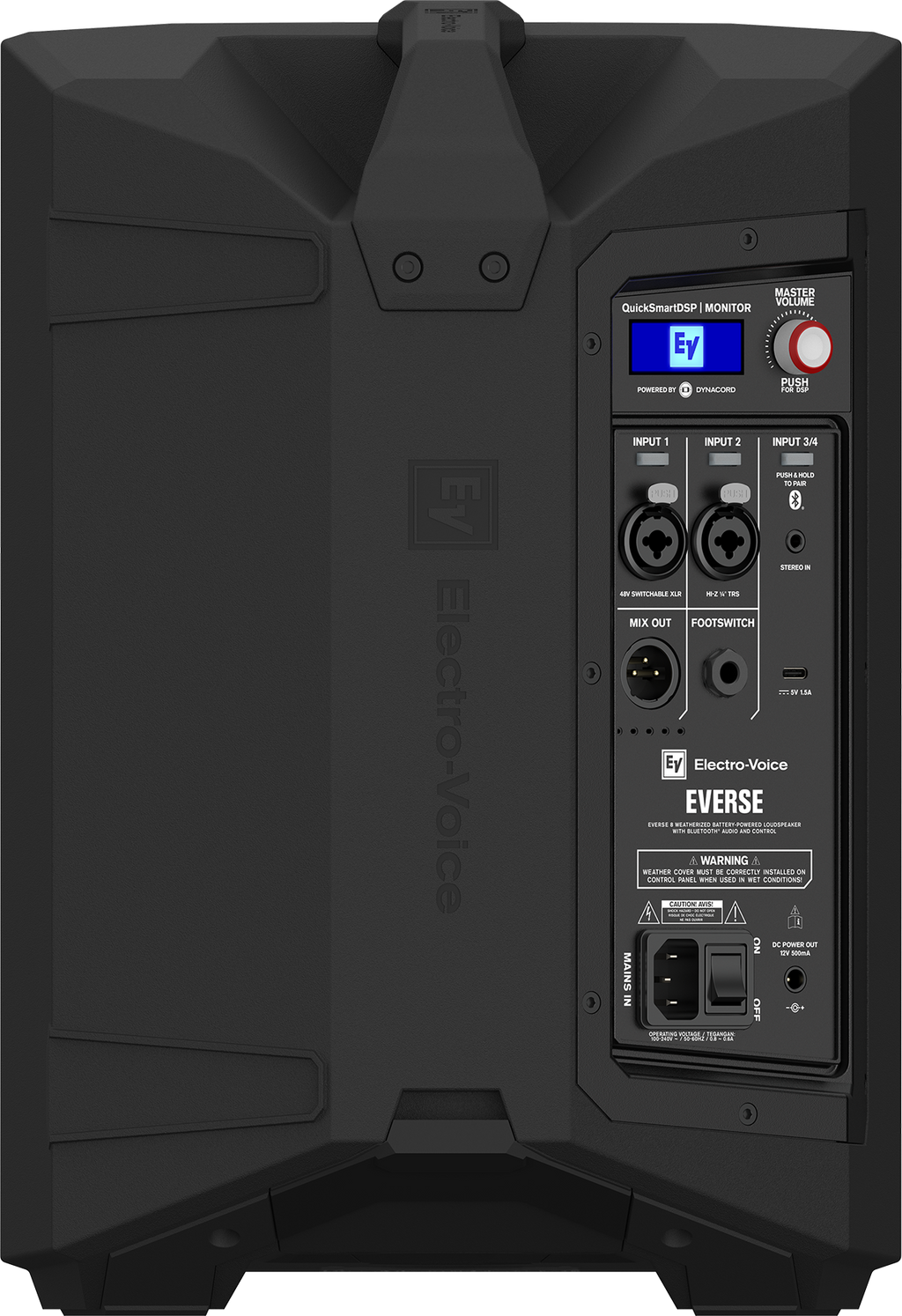 Black weatherized loudspeaker back with Electronic Voice control panel