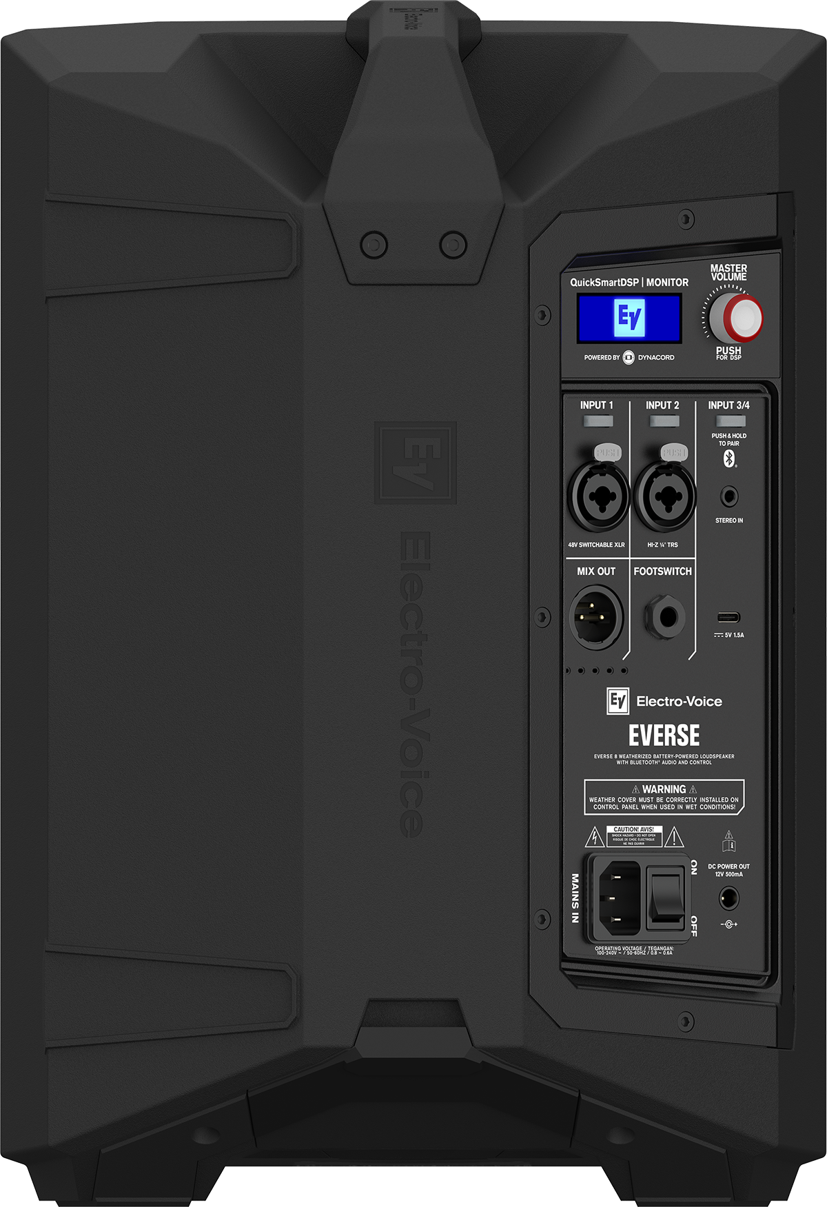 Black weatherized loudspeaker back with Electronic Voice control panel