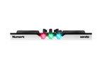 Numark DJ controller front edge with multicolor LED lights and top control knobs