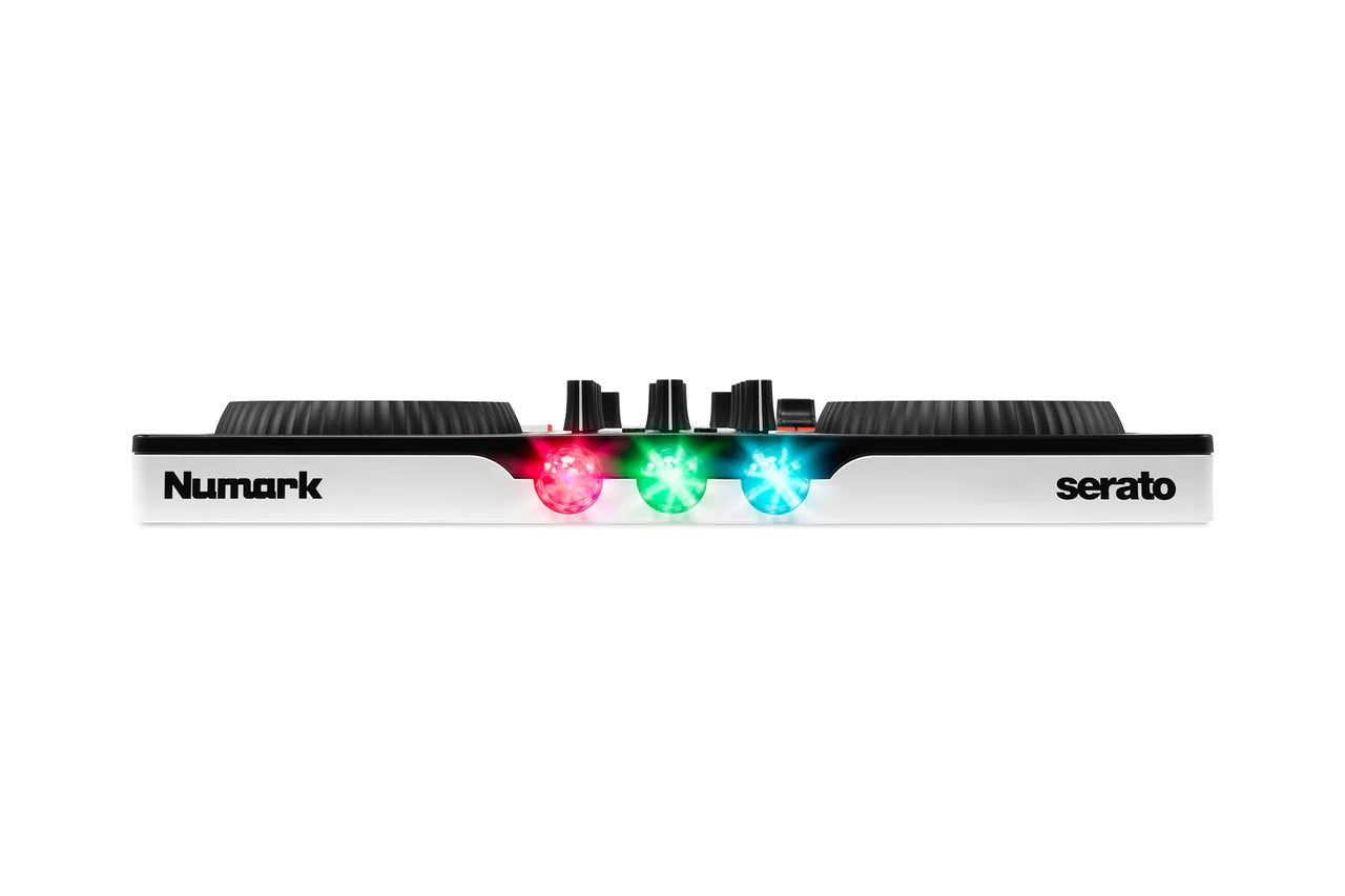 Numark DJ controller front edge with multicolor LED lights and top control knobs