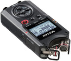 Portable recorder angled view with LCD screen, top controls, and dual mic capsules, black.