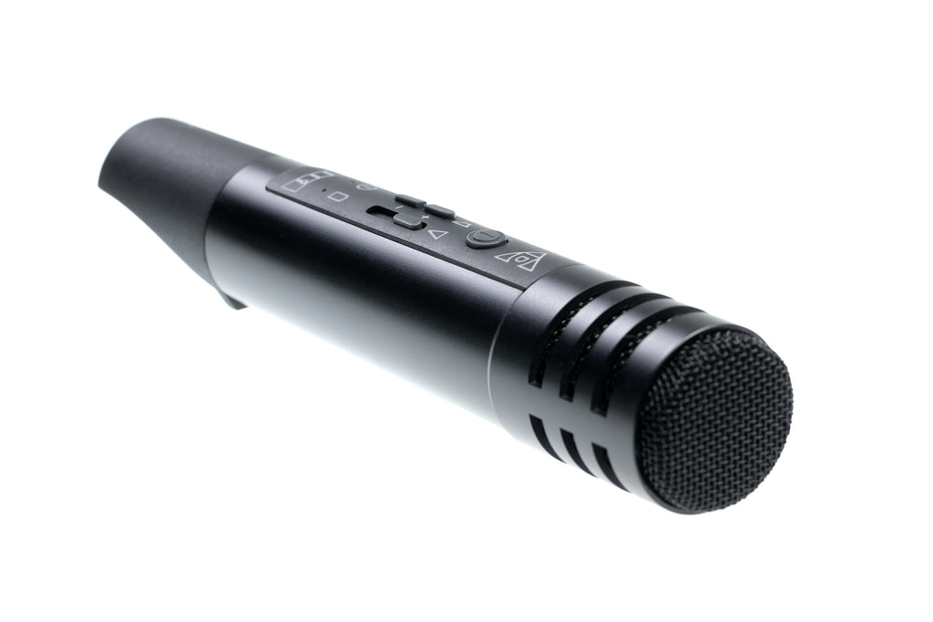 Black wireless vocal microphone with mesh head and control buttons on handle