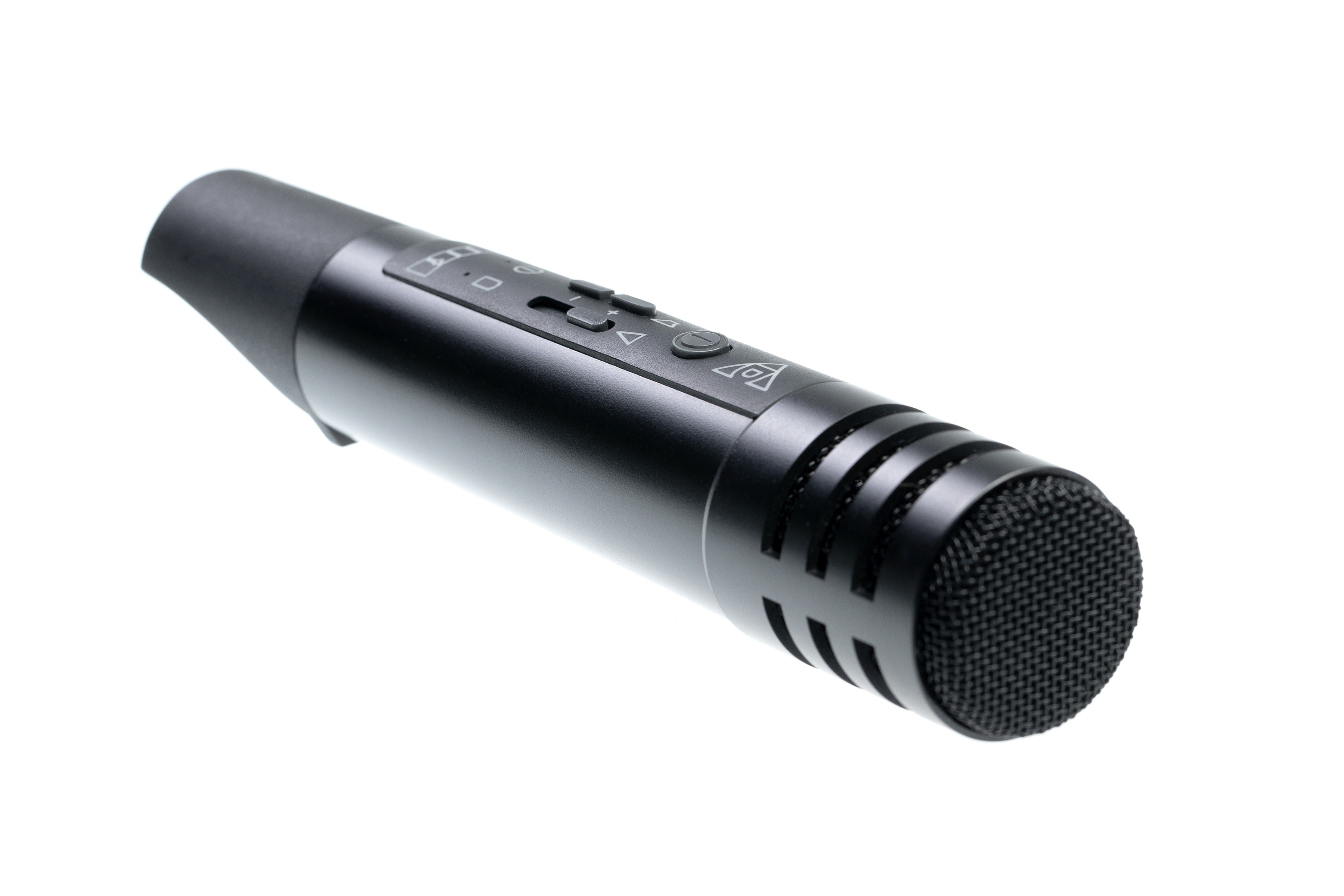 Black wireless vocal microphone with mesh head and control buttons on handle