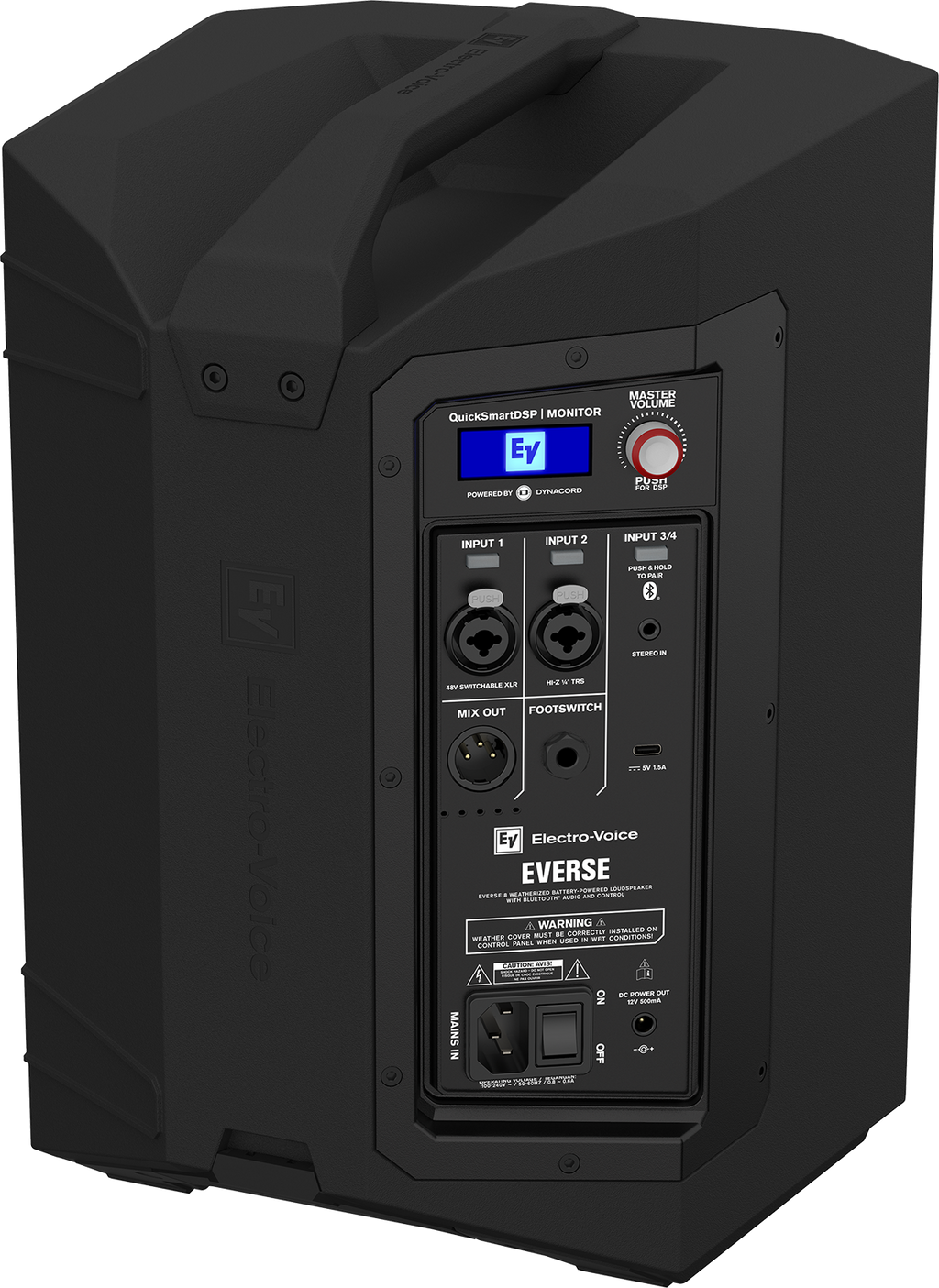 Weatherized portable loudspeaker rear connections panel, black