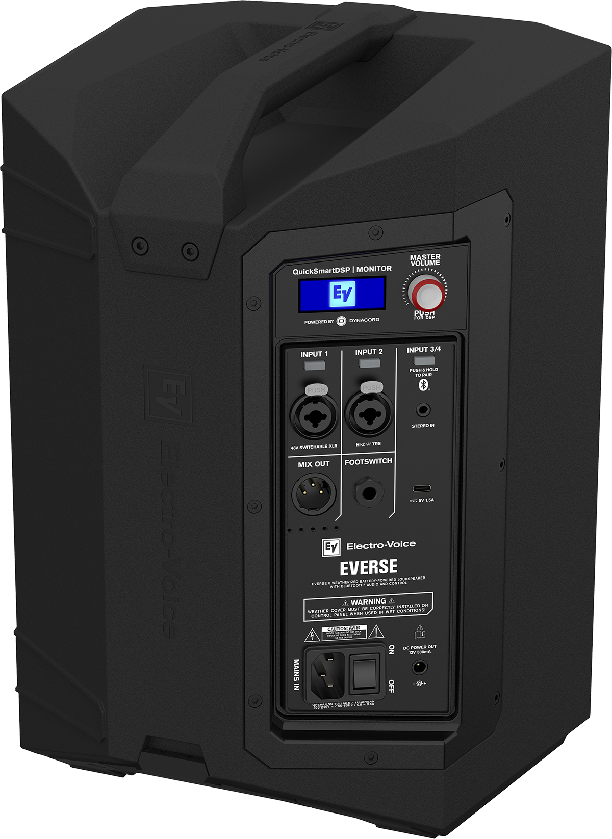 Weatherized portable loudspeaker rear connections panel, black