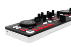 DJ mixer controller front corner with large jog wheel, black knobs, and red keys