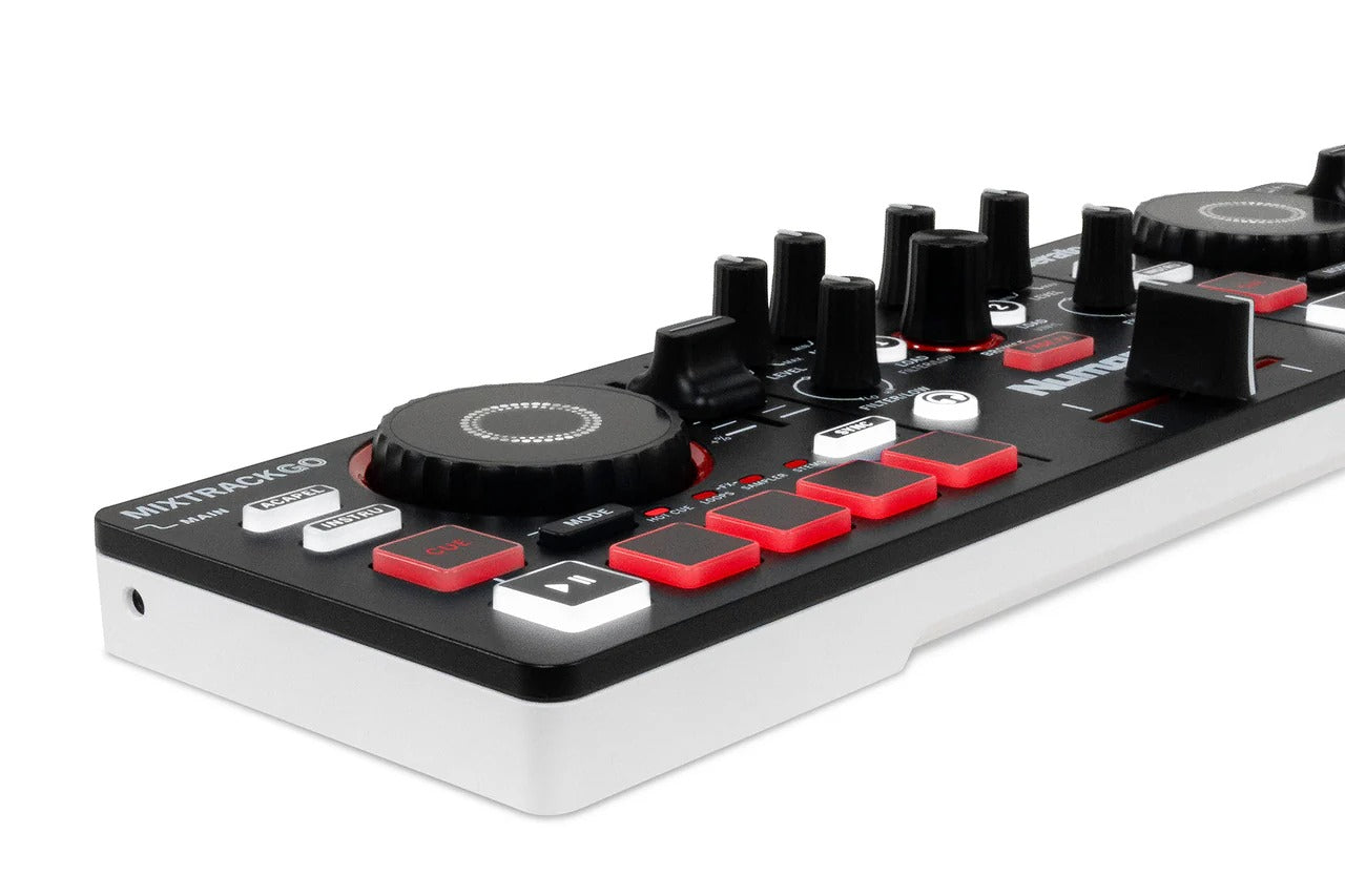 DJ mixer controller front corner with large jog wheel, black knobs, and red keys