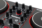 Numark DJ controller close-up of knobs, buttons, and mixer control labels