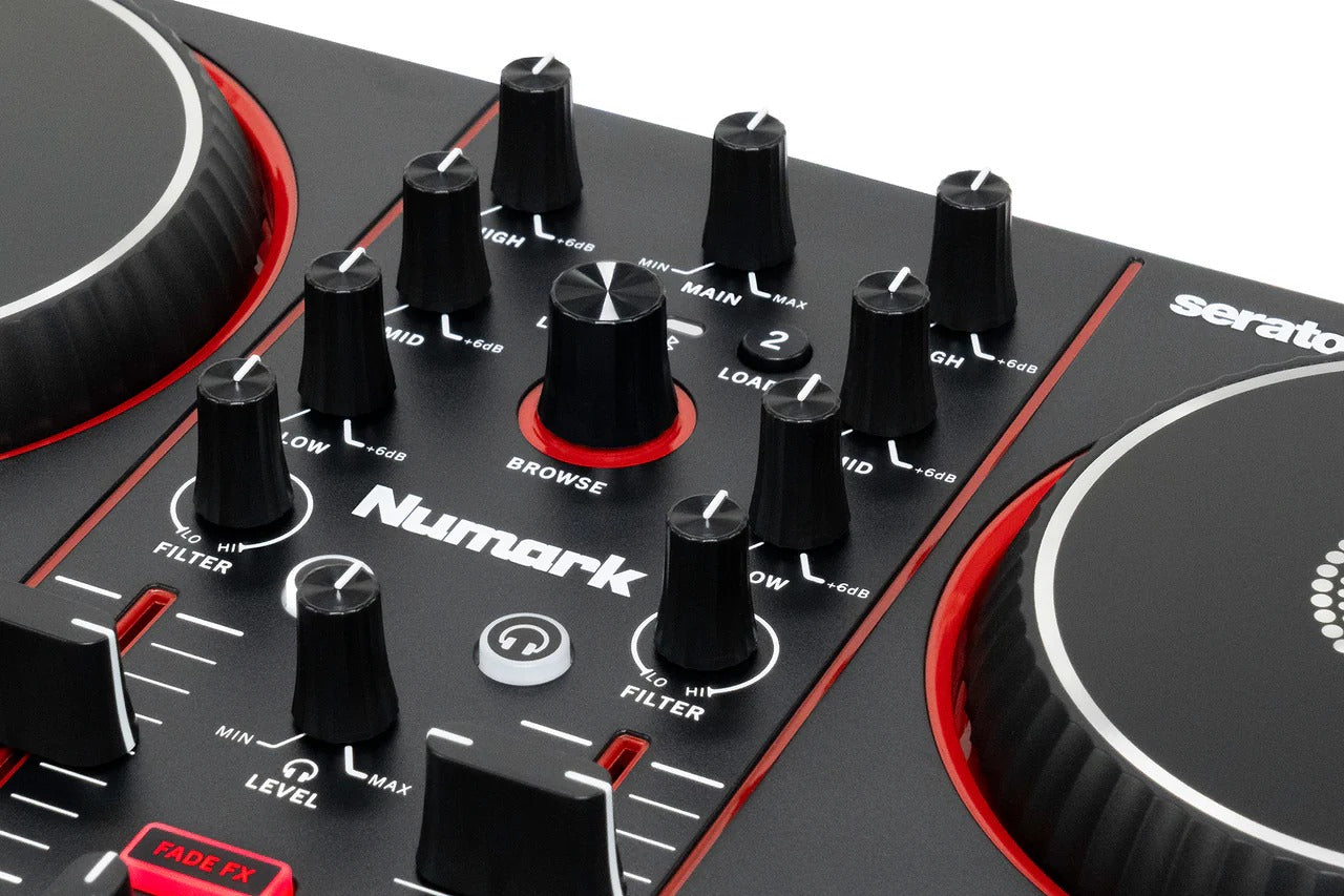 Numark DJ controller close-up of knobs, buttons, and mixer control labels