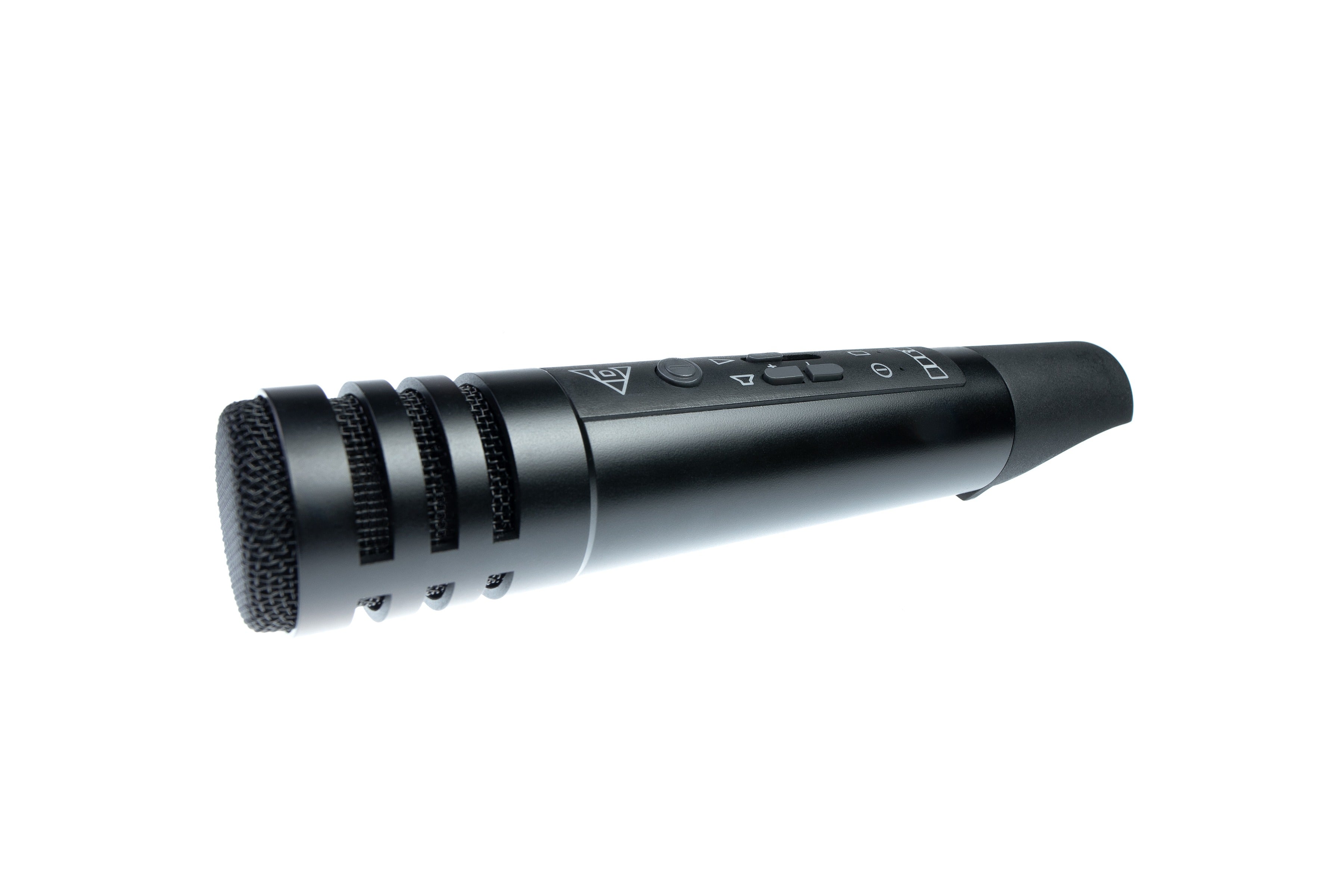 Black wireless vocal microphone with mesh grille and side icon label