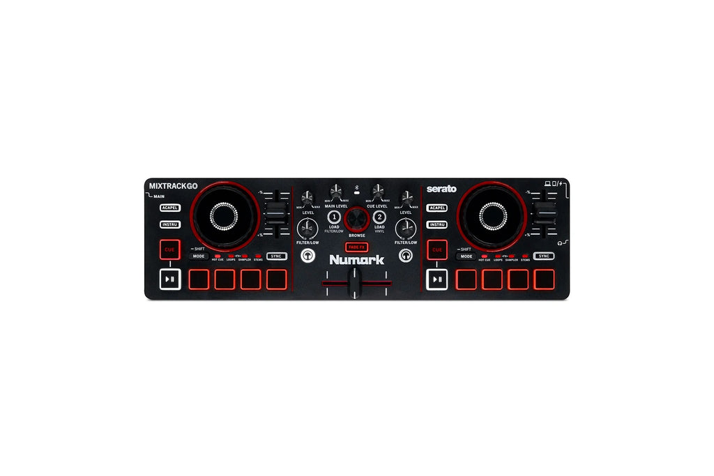 Numark MIXTRACKGO DJ controller front view with dual jog wheels and controls