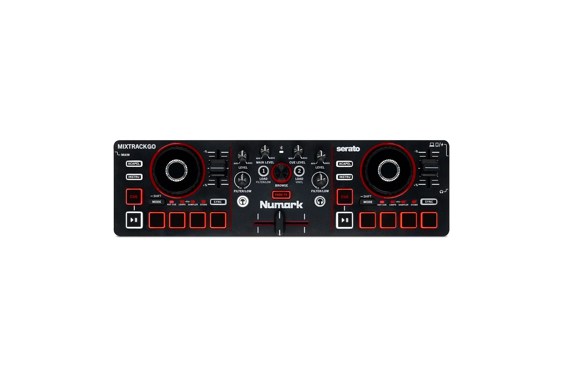 Numark MIXTRACKGO DJ controller front view with dual jog wheels and controls