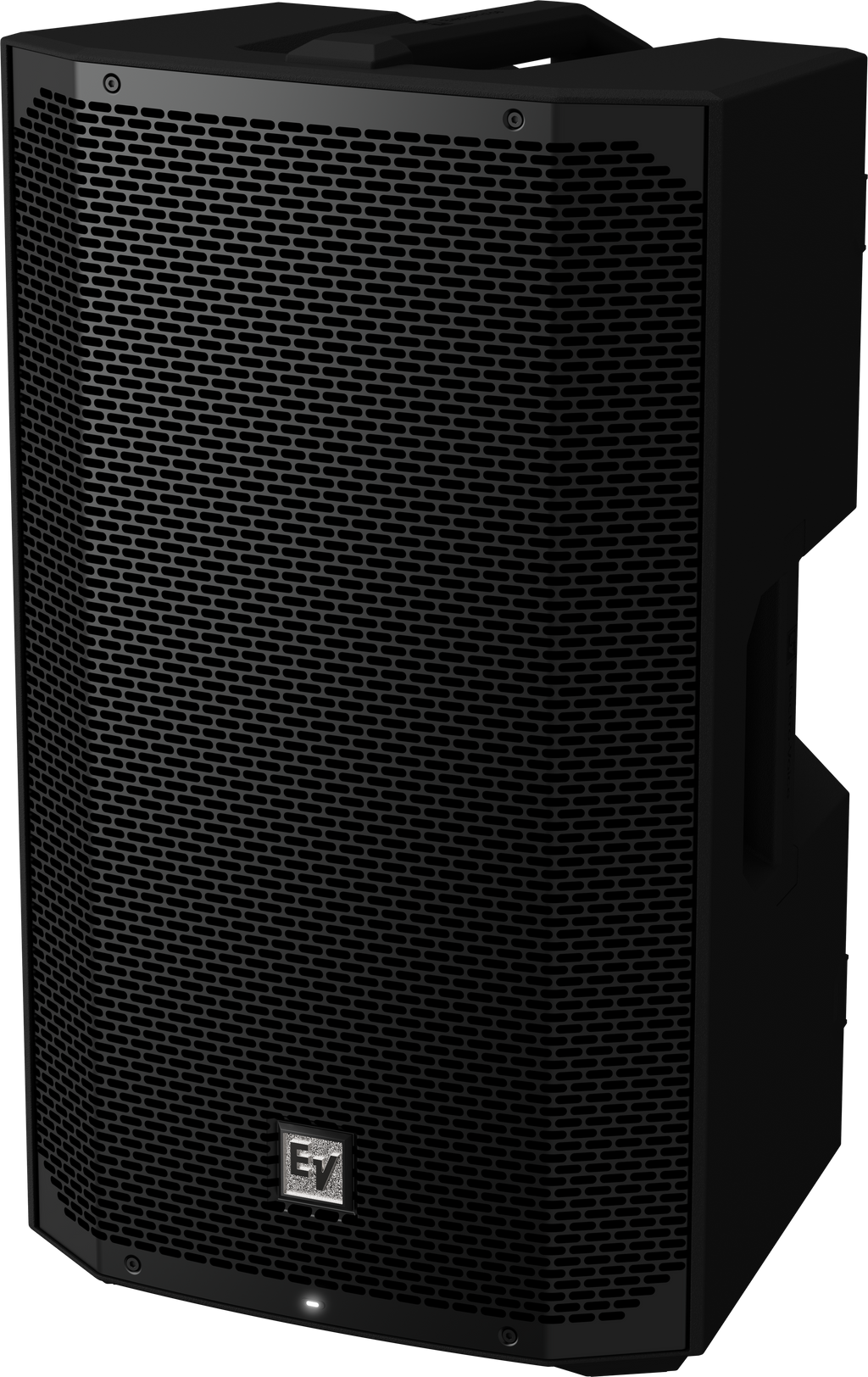 Black weatherized loudspeaker with front metal mesh grille and side handle.