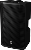 Black weatherized loudspeaker with front metal mesh grille and side handle.