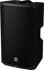 Black weatherized loudspeaker with front metal mesh grille and side handle.