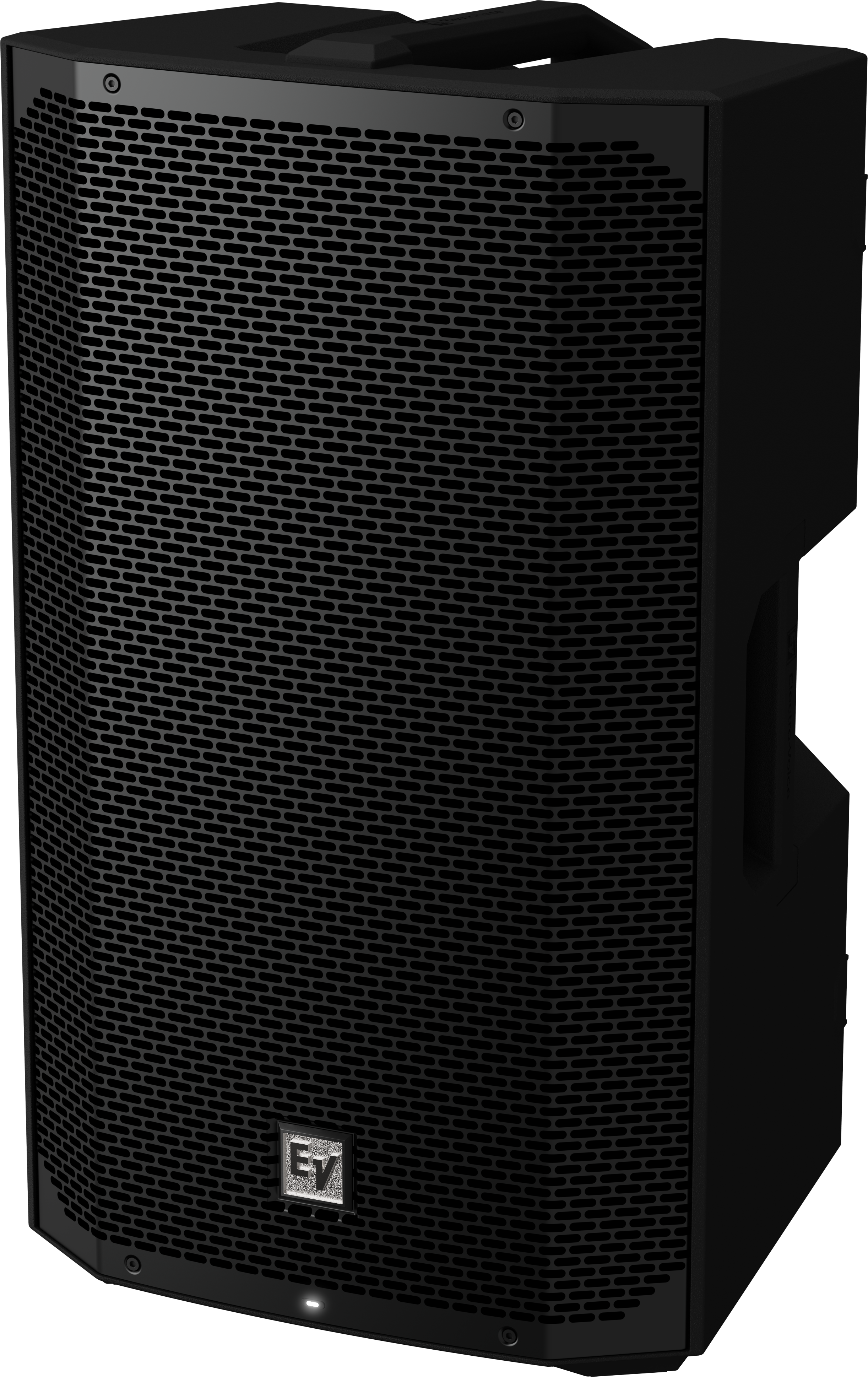 Black weatherized loudspeaker with front metal mesh grille and side handle.