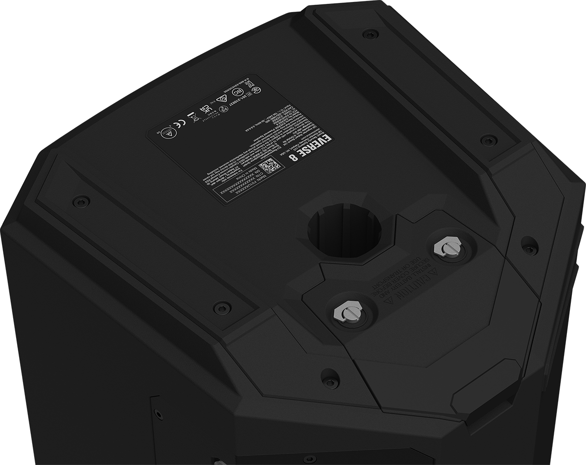 Weatherized portable loudspeaker rear panel with battery/label details, black
