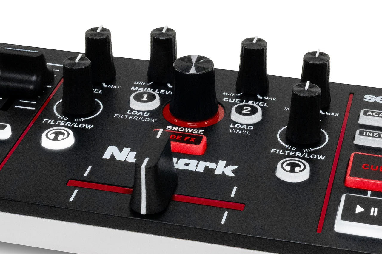 DJ mixer controller close-up of black knobs, faders, and red backlit function buttons