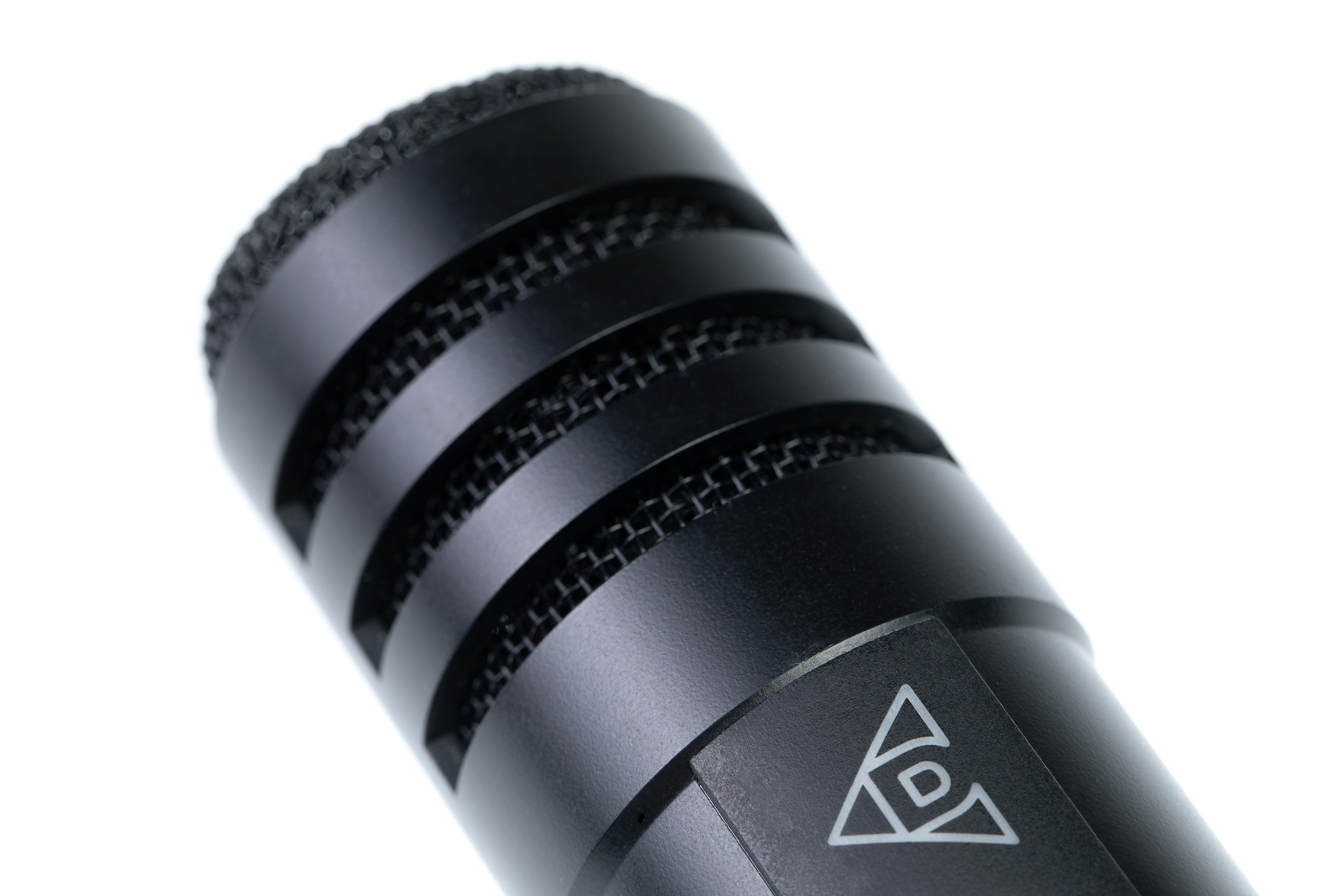 Wireless microphone grille with stacked rings and triangular logo on body