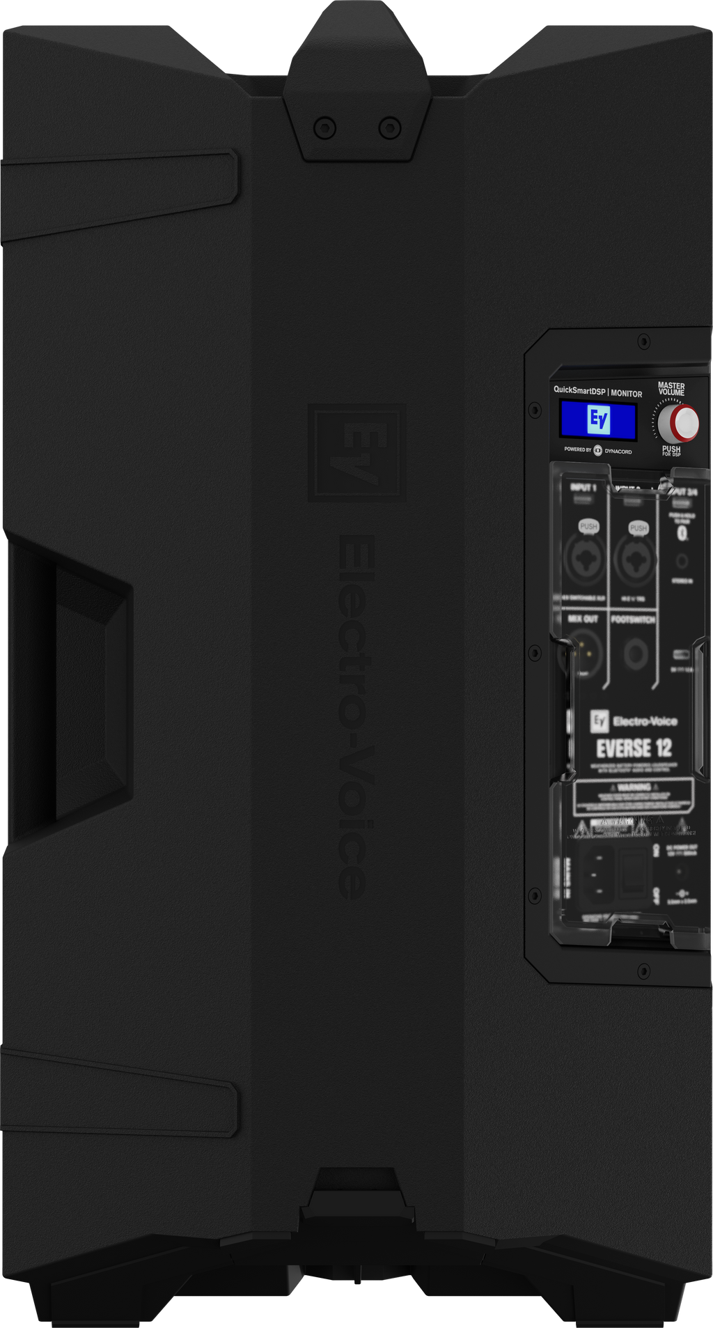 Black weatherized loudspeaker rear panel with control ports and mounting plate.