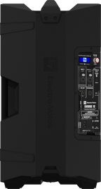 Black weatherized loudspeaker rear panel with control ports and mounting plate.