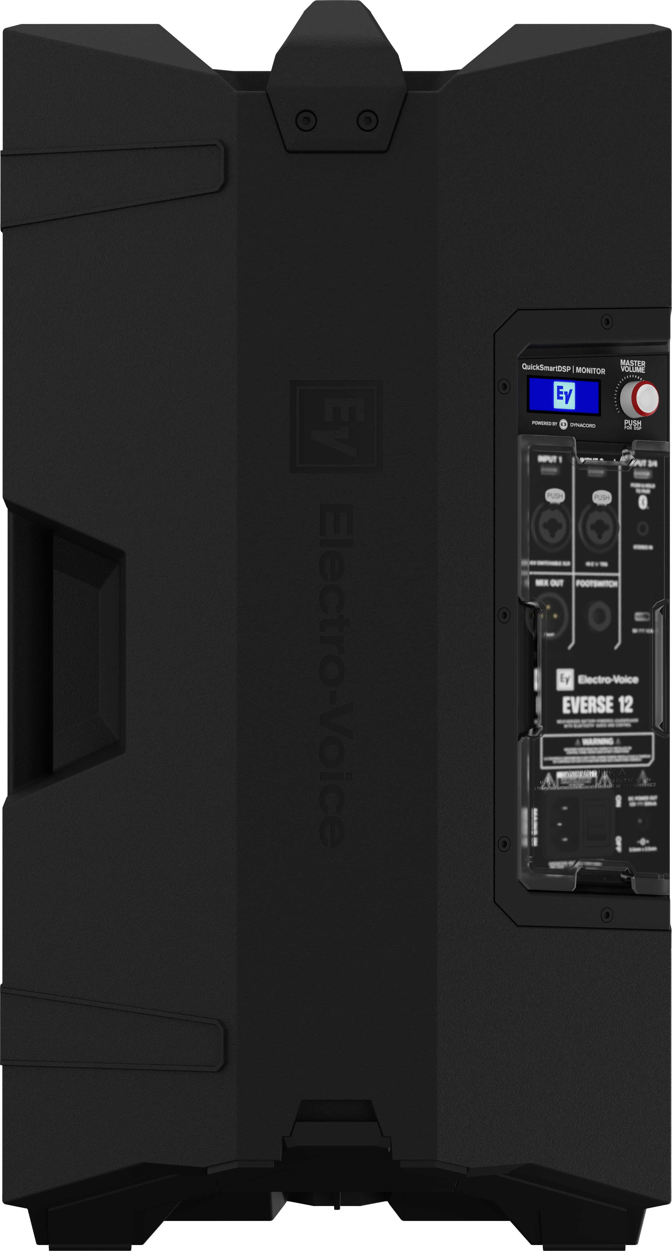 Black weatherized loudspeaker rear panel with control ports and mounting plate.