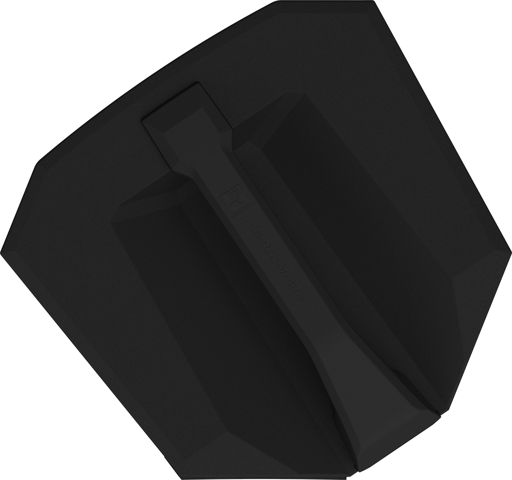 Weatherized portable loudspeaker housing, black, angled side view