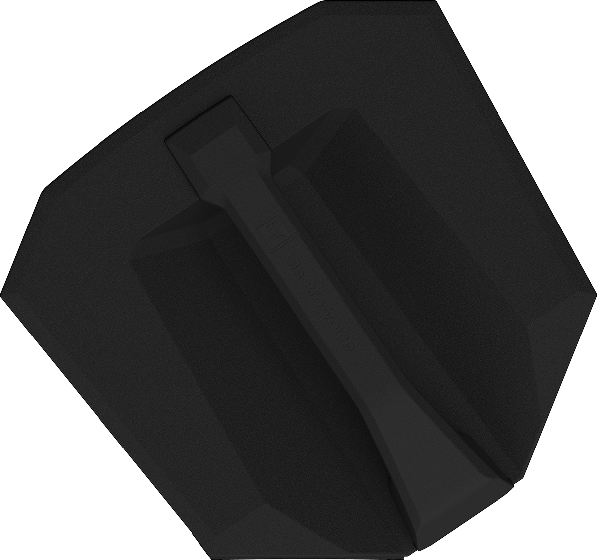 Weatherized portable loudspeaker housing, black, angled side view