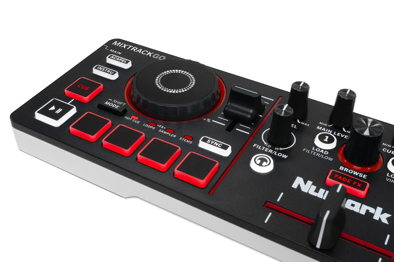 DJ mixer controller top view with central jog dial, black knobs, and red-lit controls