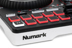 Numark DJ controller close-up of red pad buttons and front Numark logo