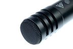 Black wireless microphone head with mesh texture and ringed barrel