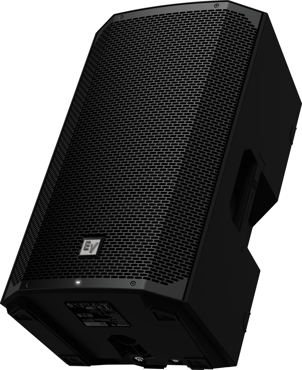 Black weatherized loudspeaker angled view with front mesh grille and side panel.