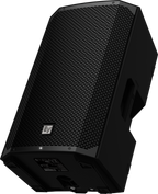 Black weatherized loudspeaker angled view with front mesh grille and side panel.