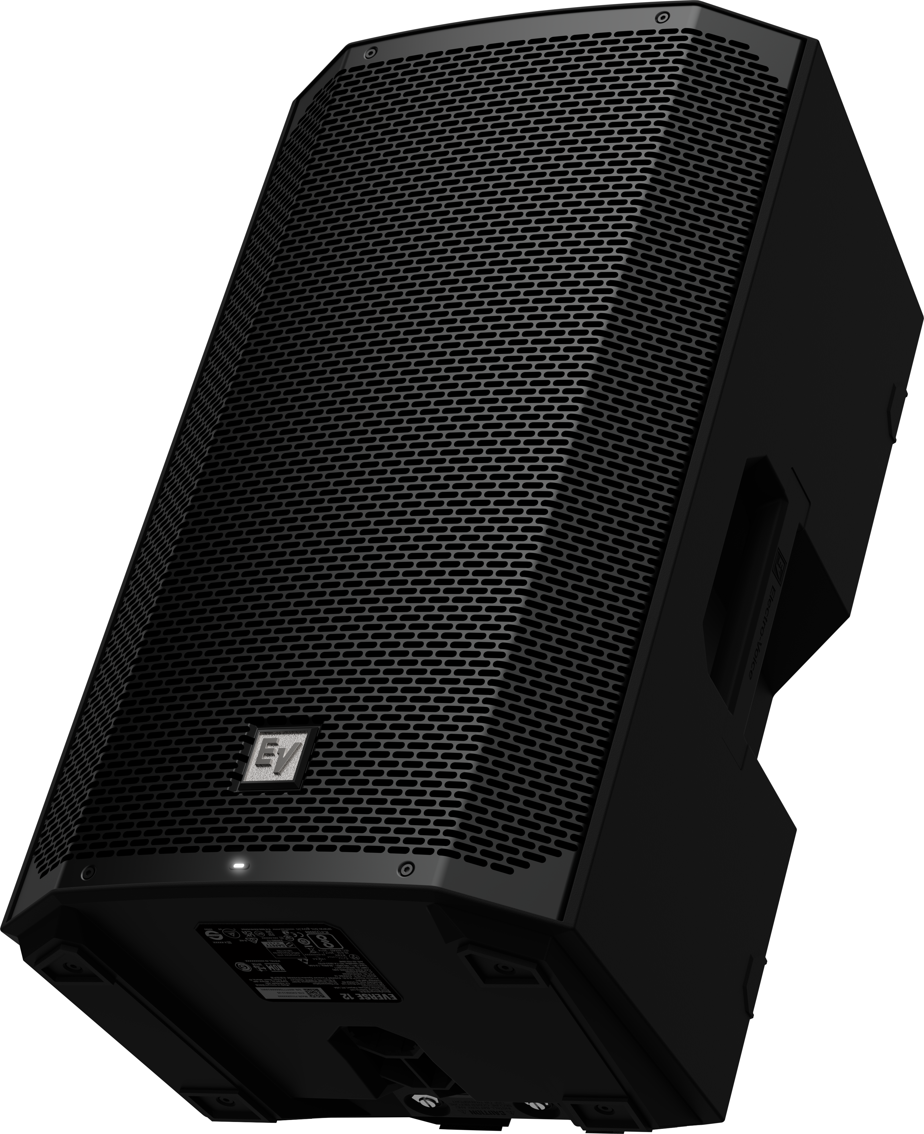 Black weatherized loudspeaker angled view with front mesh grille and side panel.