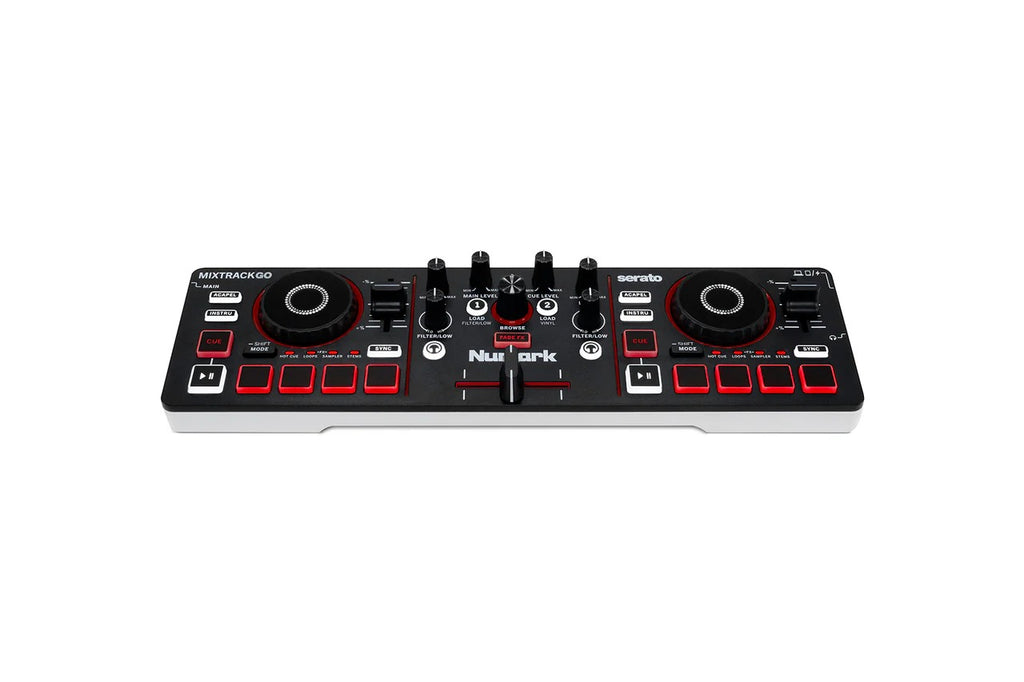 Portable DJ mixer controller front view with two jog wheels and red button grid