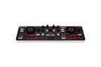Portable DJ mixer controller front view with two jog wheels and red button grid