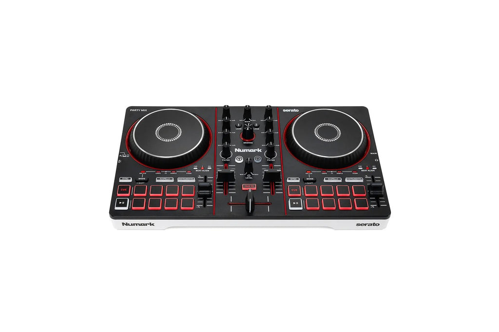 Numark DJ controller front view with dual jog wheels, red button grids, and knobs