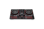 Numark DJ controller front view with dual jog wheels, red button grids, and knobs
