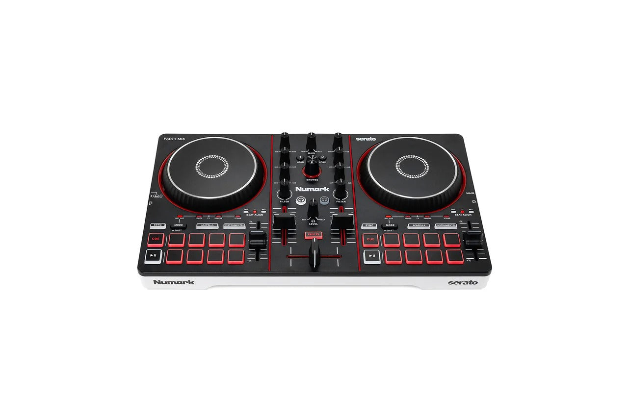 Numark DJ controller front view with dual jog wheels, red button grids, and knobs
